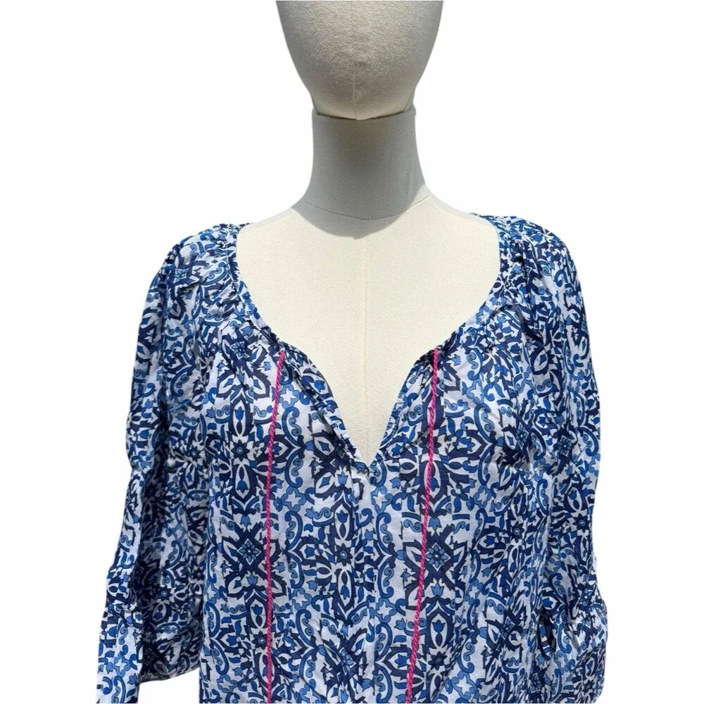Milly Blue Pink Floral Medallion Boho Blouse Large Tassel Tie Peasant Top Casual